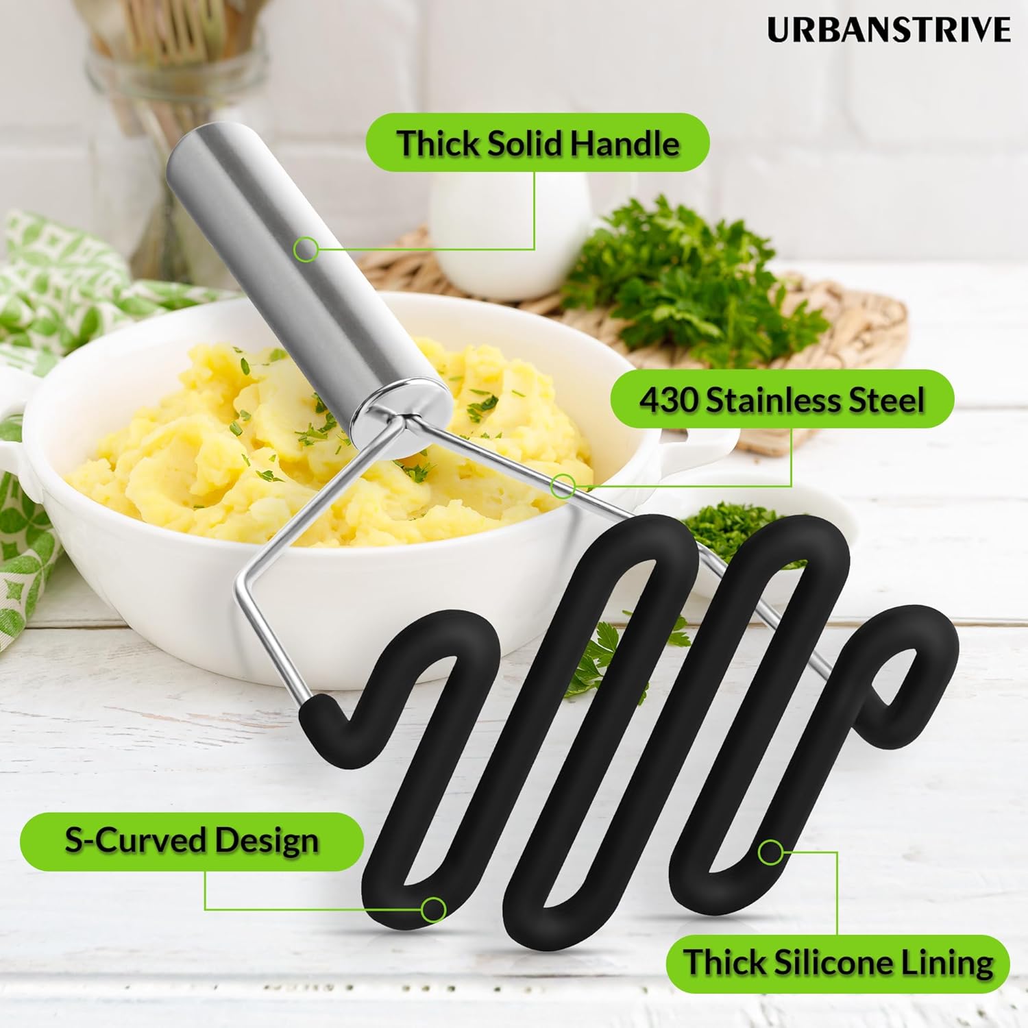 Non-Scratch Silicone Potato Masher Kitchen Tool, Potatoes Masher Potato Masher Stainless Steel Wrapped In Premium Silicone, Potato Smasher (Black) - Image 3