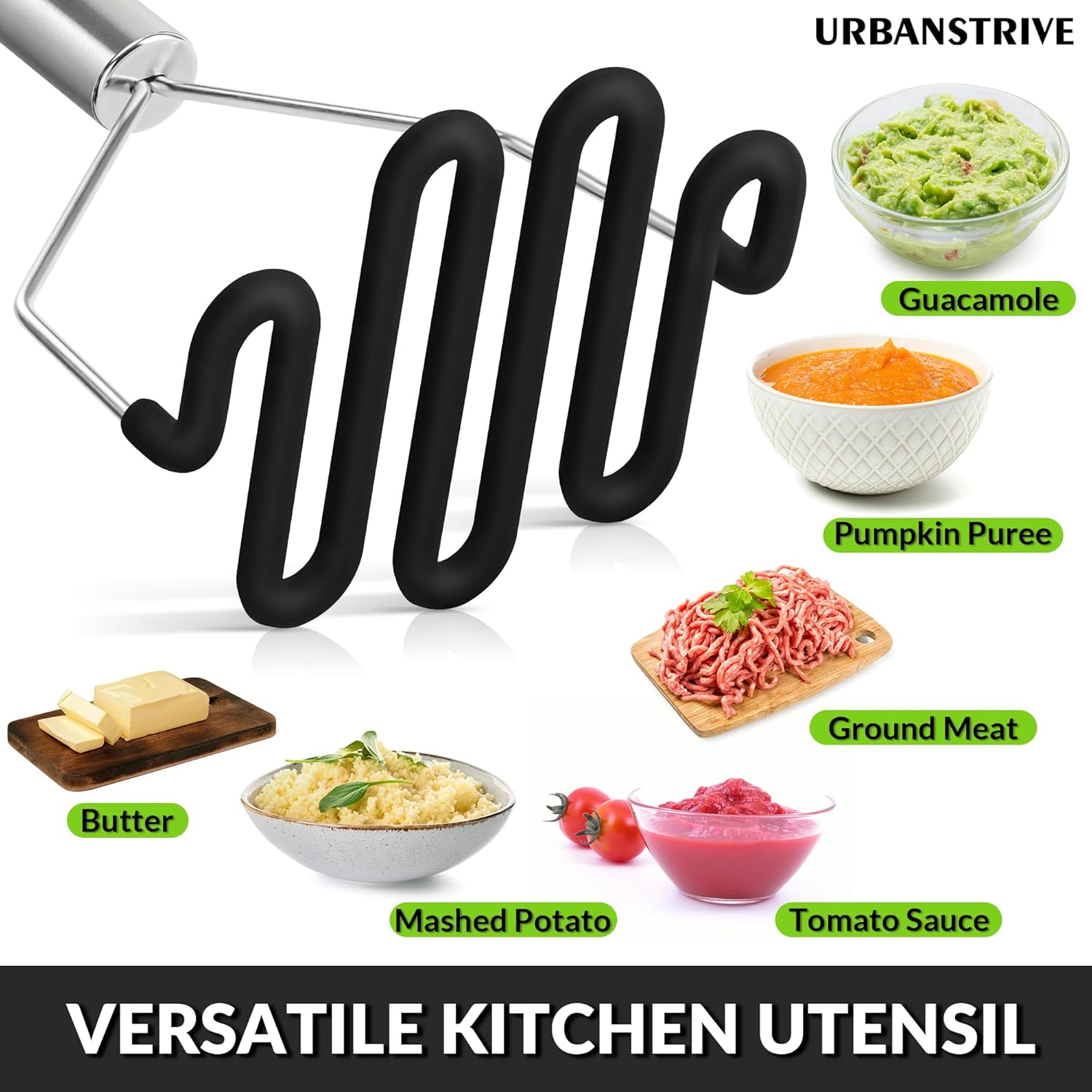 Non-Scratch Silicone Potato Masher Kitchen Tool, Potatoes Masher Potato Masher Stainless Steel Wrapped In Premium Silicone, Potato Smasher (Black) - Image 4