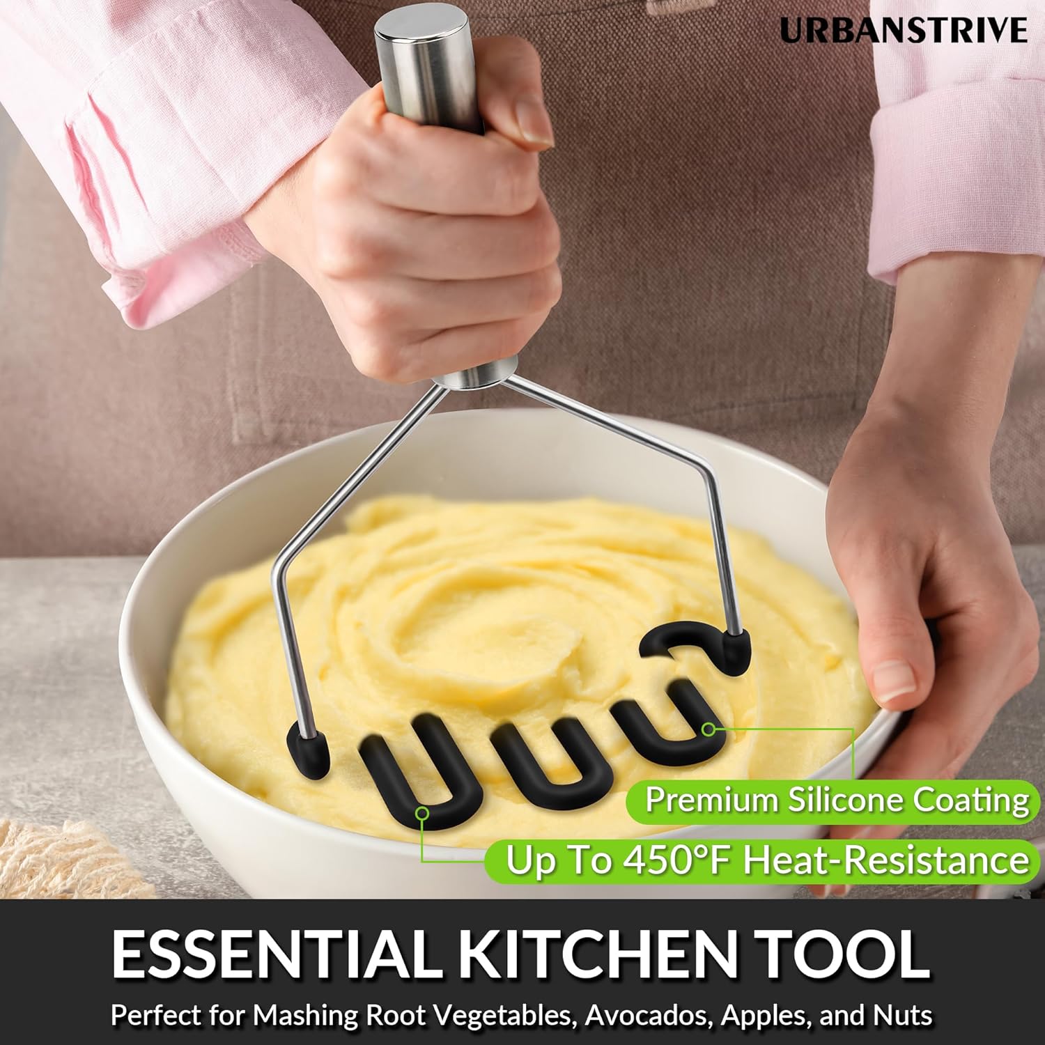 Non-Scratch Silicone Potato Masher Kitchen Tool, Potatoes Masher Potato Masher Stainless Steel Wrapped In Premium Silicone, Potato Smasher (Black) - Image 5