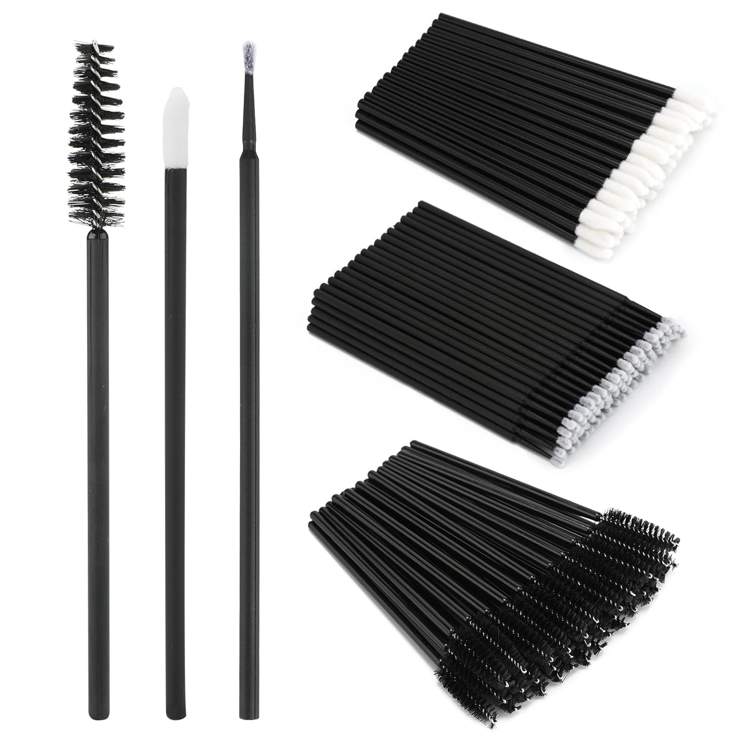 300pc Eyelash Extension Supplies Kit, 100pc Disposable Lip Wands, Mascara Brush Applicators, Micro Swabs for Eyebrow, Eyelash Extension and Makeup Kits (Black) - Image 1