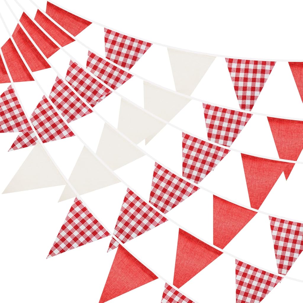 Red and White Gingham Fabric Bunting Banner, 32Ft Cotton Burlap Triangle Garland for Valentine’s Day, Wedding, Picnic, BBQ, Birthday Party & Outdoor Decorations - Image 1