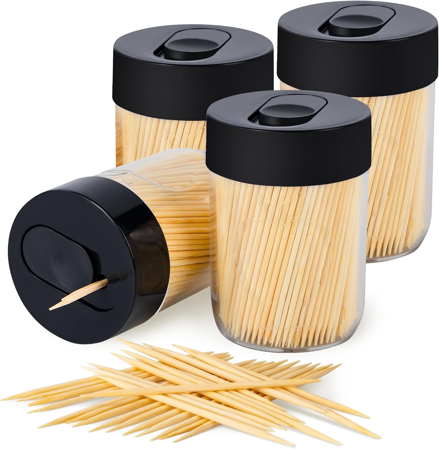 Sturdy Safe Toothpick Holder with 1600 Natural Wood Toothpicks for Teeth Cleaning, Unique Home Design Decoration, Unusual Gift, 4 Pack (Black) - Image 1