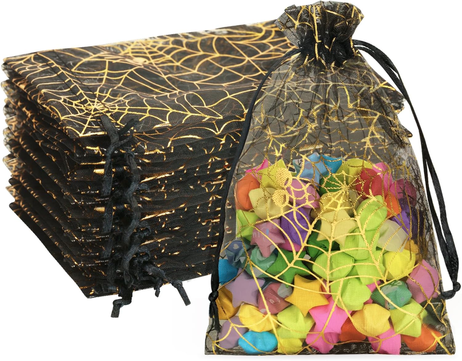 Halloween Organza Drawstring Bags-50PCS Black Sheer Mesh Pouches 4x6, Trick or Treat Candy Bags with Spiderwebs Design for Halloween Party Favors - Image 1
