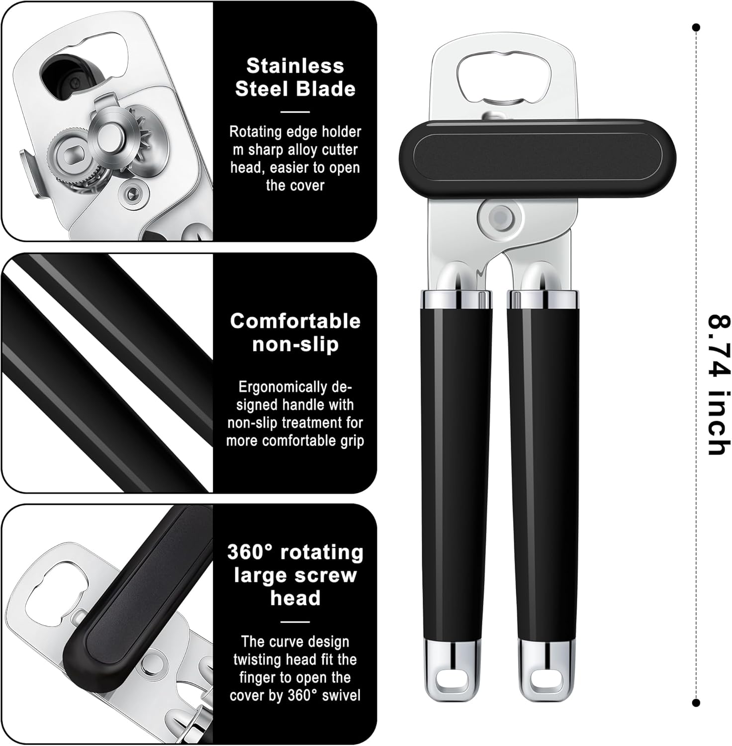 XL Large Heavy Duty Can Opener Manual Smooth Edge, Hand Held Can Openers for Seniors, Stainless Steel, Comfortable Handle, Built-in Bottle Opener, 8.66 inch (Black) - Image 2