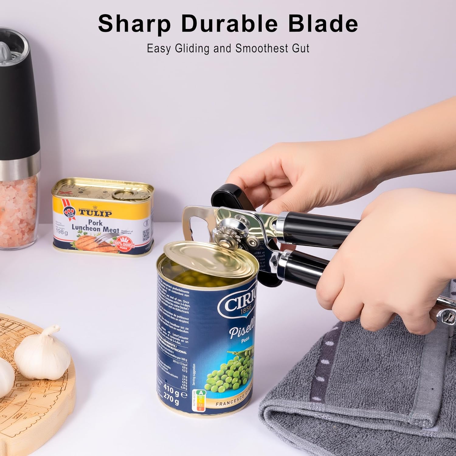 XL Large Heavy Duty Can Opener Manual Smooth Edge, Hand Held Can Openers for Seniors, Stainless Steel, Comfortable Handle, Built-in Bottle Opener, 8.66 inch (Black) - Image 3