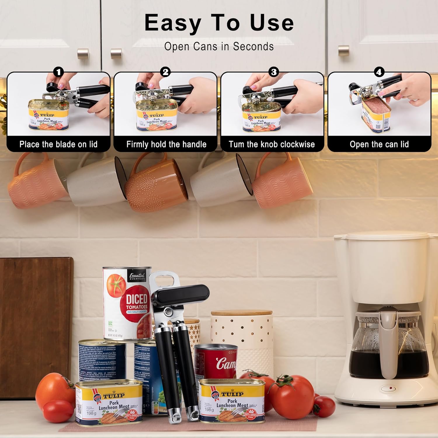 XL Large Heavy Duty Can Opener Manual Smooth Edge, Hand Held Can Openers for Seniors, Stainless Steel, Comfortable Handle, Built-in Bottle Opener, 8.66 inch (Black) - Image 4