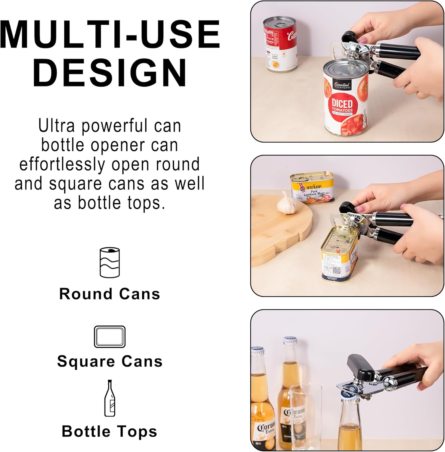 XL Large Heavy Duty Can Opener Manual Smooth Edge, Hand Held Can Openers for Seniors, Stainless Steel, Comfortable Handle, Built-in Bottle Opener, 8.66 inch (Black) - Image 5