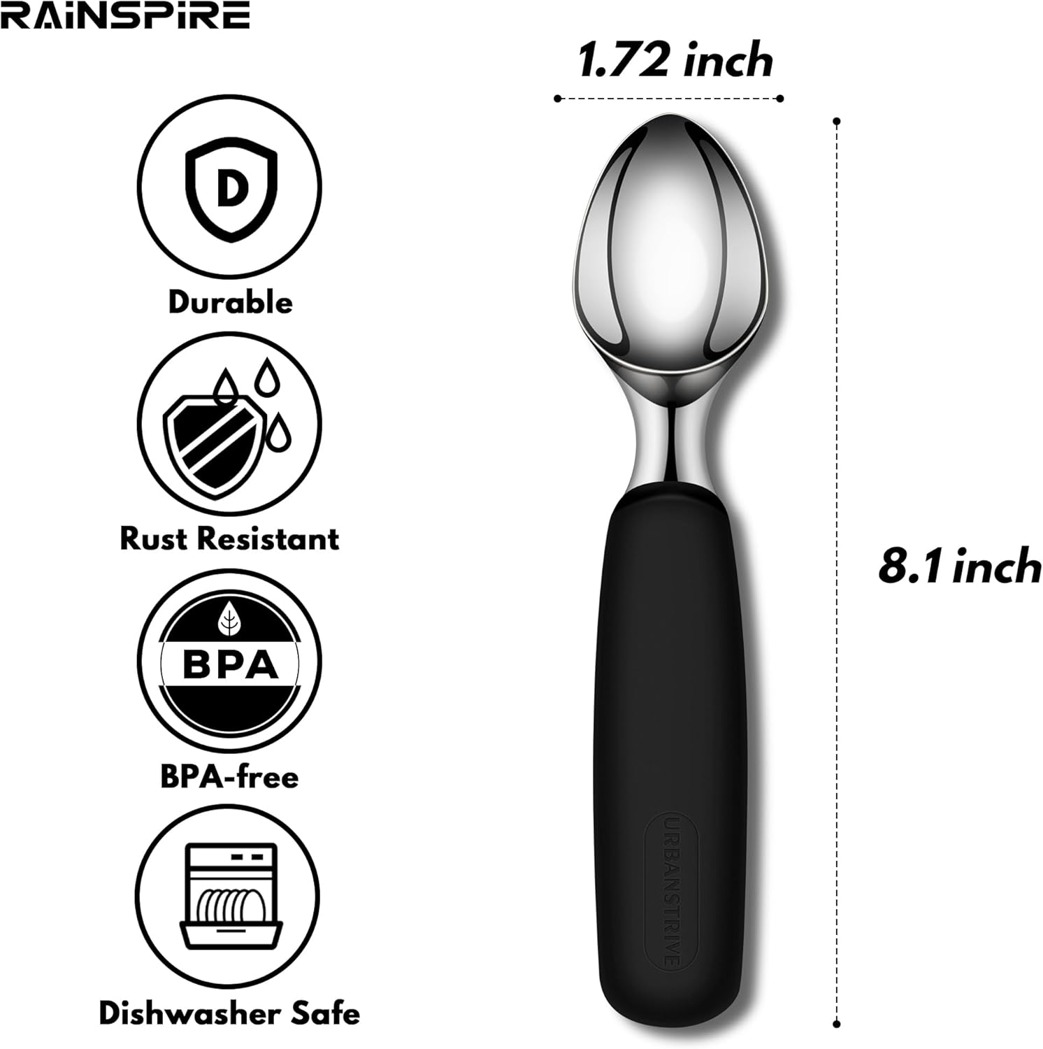 Ice Cream Scoop Stainless Steel, Ice Cream Scooper Professional Large Ice Cream Scoops With Non-Slip Rubber Handle, Ice Cream Spade for Cookie Dough, Gelato, Sorbet, Melon (Black) - Image 2