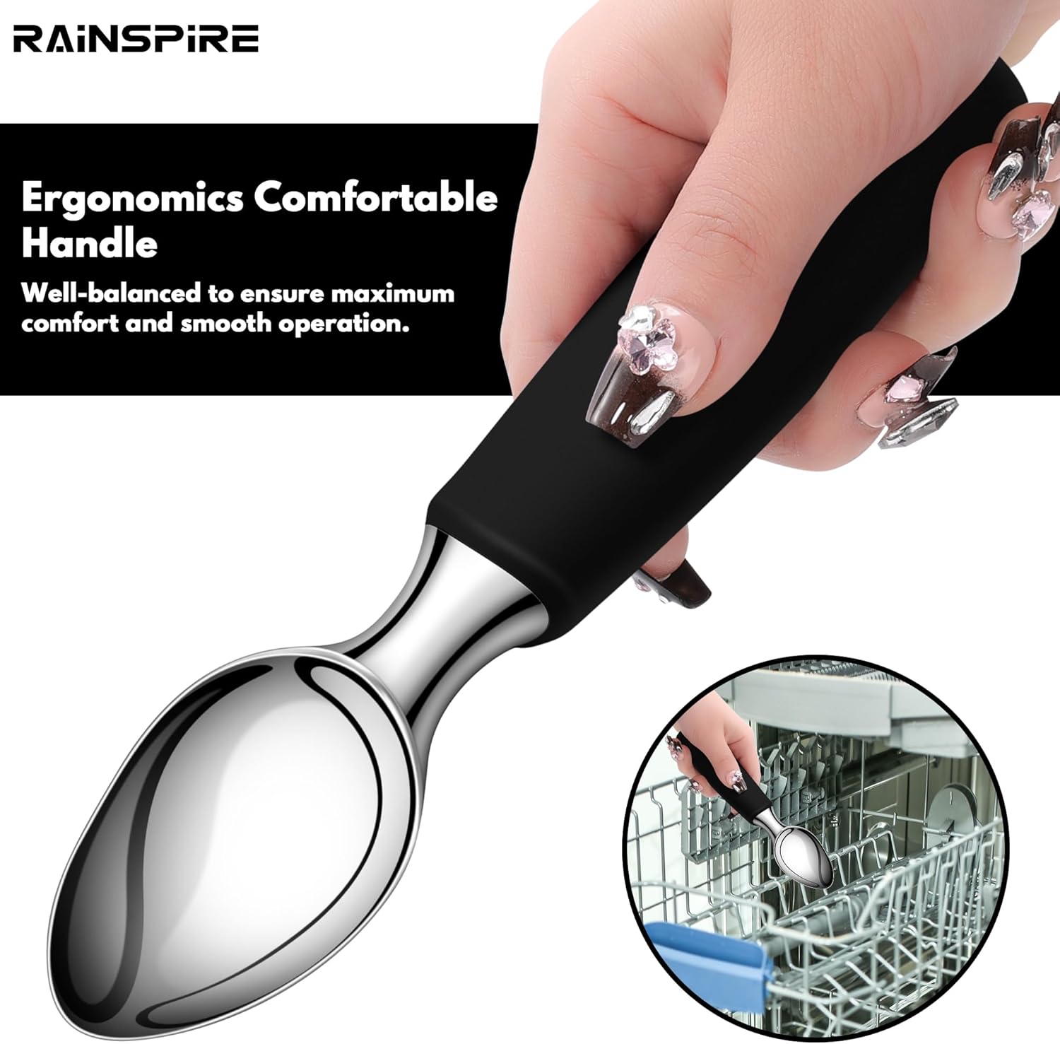 Ice Cream Scoop Stainless Steel, Ice Cream Scooper Professional Large Ice Cream Scoops With Non-Slip Rubber Handle, Ice Cream Spade for Cookie Dough, Gelato, Sorbet, Melon (Black) - Image 4