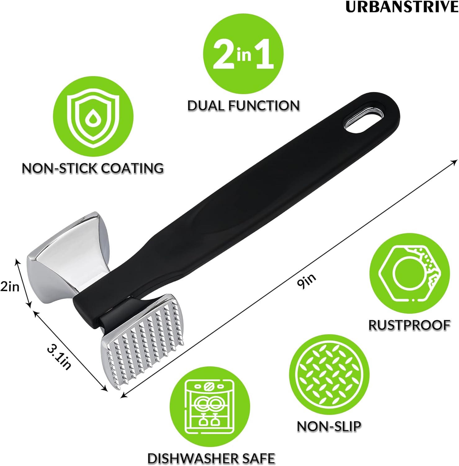 Premium Heavy Duty Meat Tenderizer Hammer, Stainless Steel Meat Mallet Tenderizer, Dual-Sided Meat Hammer Tenderizer, Meat Pounder Kitchen Mallet for Beef, Chicken Pounder, Black - Image 2