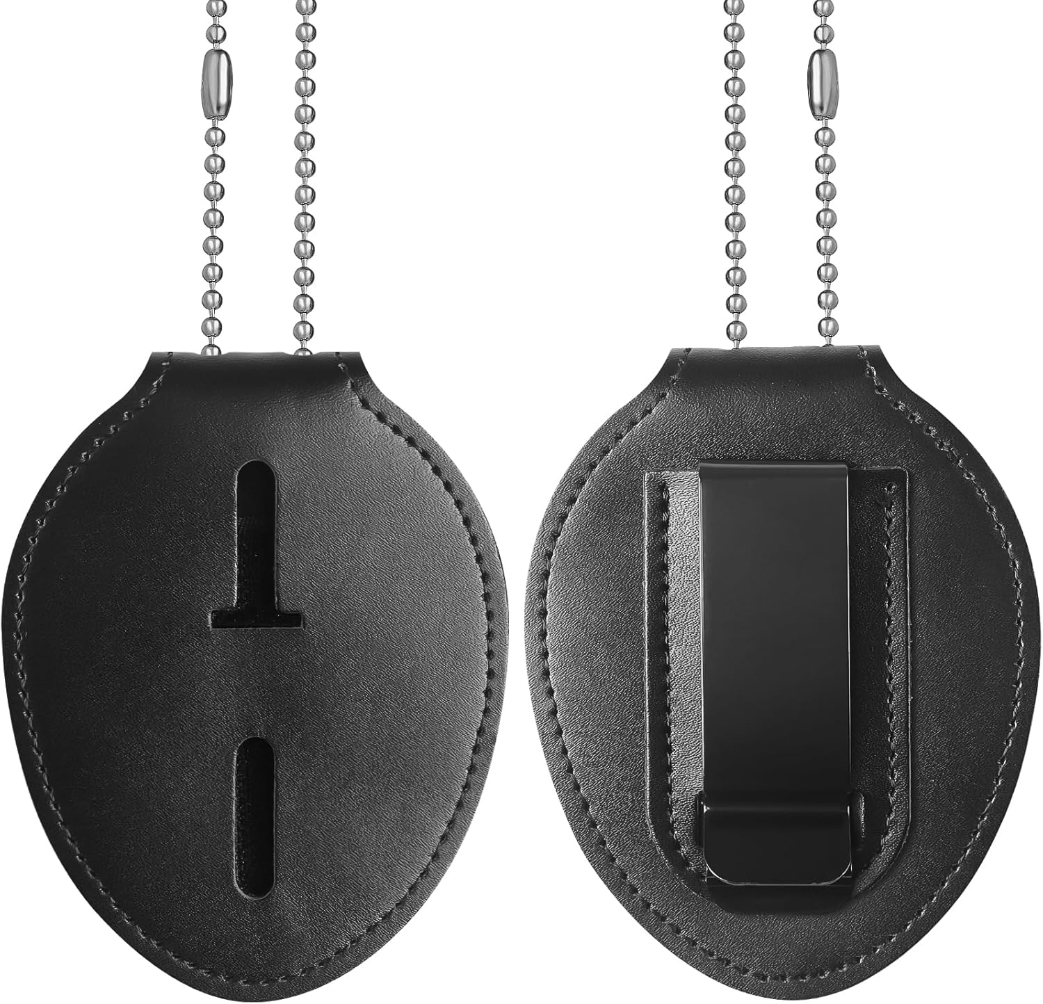 Police Badge Holder, Cowhide Law Enforcement Badge Holder with Metal Belt Clip & Stainless Steel Bead Chain, Universal Oval Leather, Hook and Loop Sheriff ID Carrier, Black - Image 1