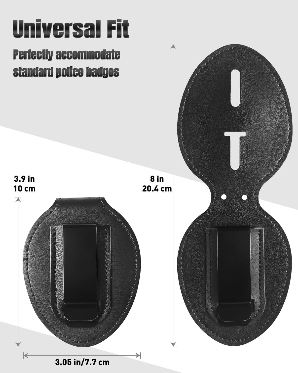 Police Badge Holder, Cowhide Law Enforcement Badge Holder with Metal Belt Clip & Stainless Steel Bead Chain, Universal Oval Leather, Hook and Loop Sheriff ID Carrier, Black - Image 2