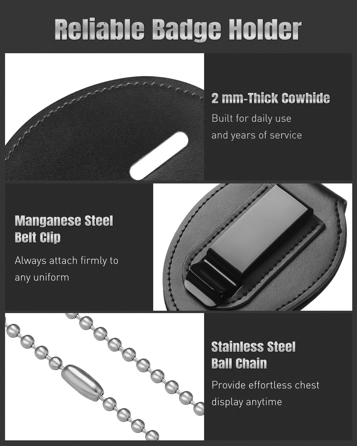Police Badge Holder, Cowhide Law Enforcement Badge Holder with Metal Belt Clip & Stainless Steel Bead Chain, Universal Oval Leather, Hook and Loop Sheriff ID Carrier, Black - Image 3