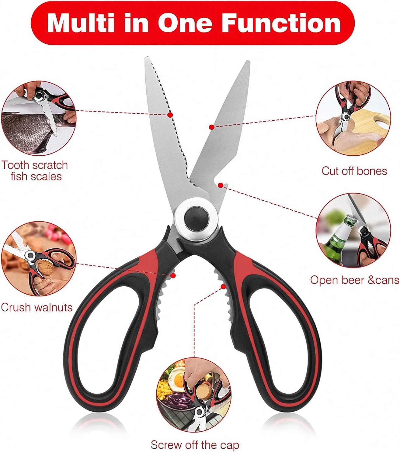 Heavy Duty Kitchen Shears with Protective Sheath Kitchen Meat Scissors, Dishwasher Safe Cooking Scissors for Chicken, Poultry, Fish, Herbs (Black+Red) - Image 2