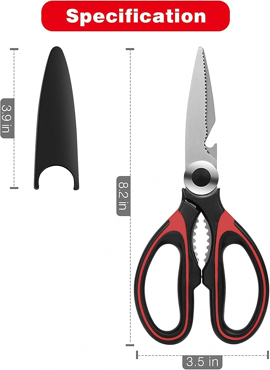Heavy Duty Kitchen Shears with Protective Sheath Kitchen Meat Scissors, Dishwasher Safe Cooking Scissors for Chicken, Poultry, Fish, Herbs (Black+Red) - Image 3