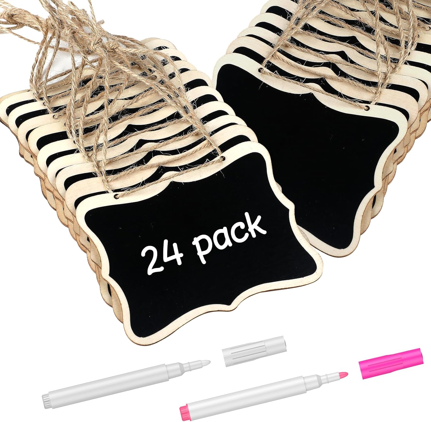 24 Pack Mini Chalkboard Signs for Food, Small Chalkboard Signs with Strings Chalk Markers & Replacement Stickers, Hanging Chalkboards Sign Reusable Wooden Food Labels for Party Buffet Wedding - Image 1