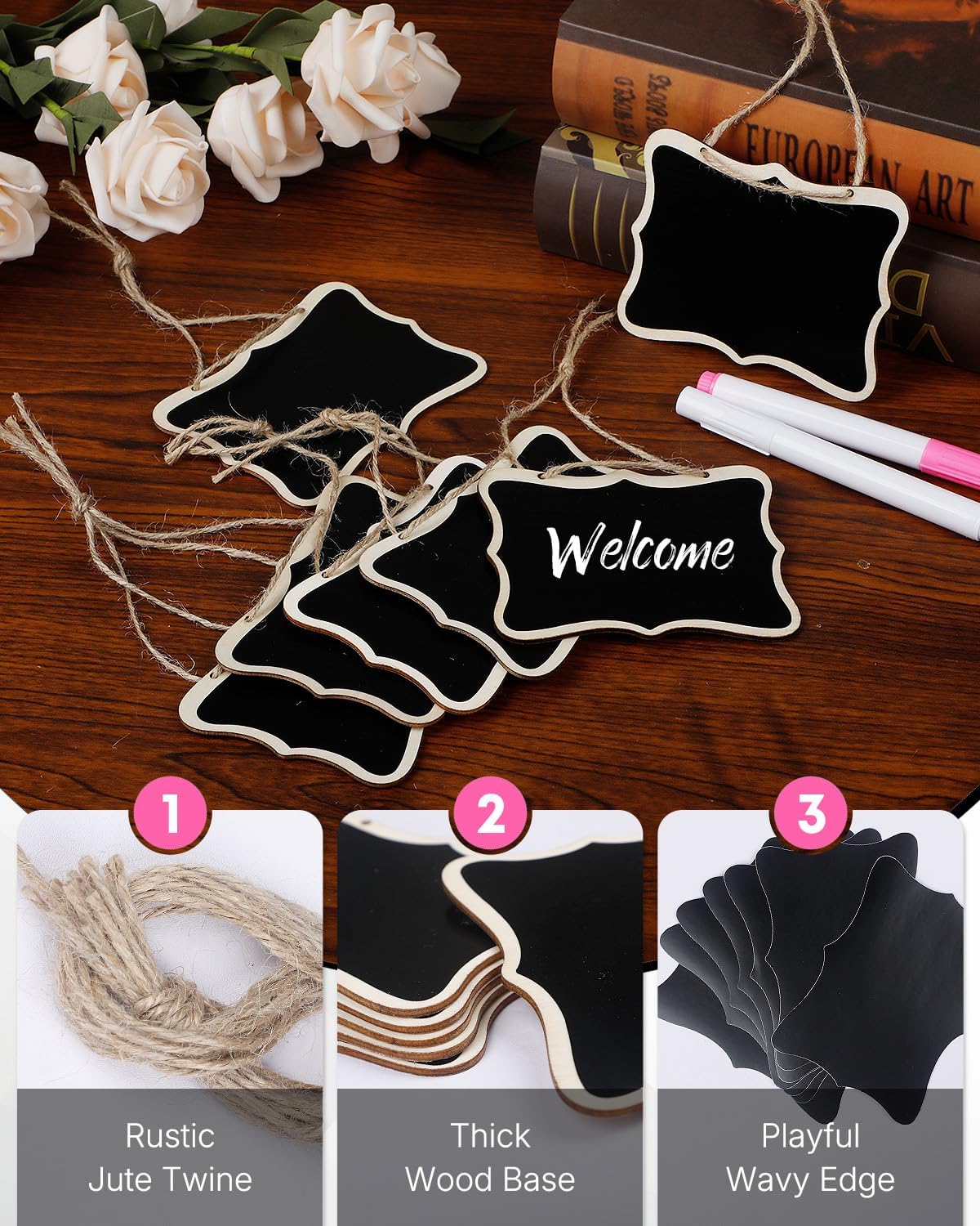 24 Pack Mini Chalkboard Signs for Food, Small Chalkboard Signs with Strings Chalk Markers & Replacement Stickers, Hanging Chalkboards Sign Reusable Wooden Food Labels for Party Buffet Wedding - Image 3
