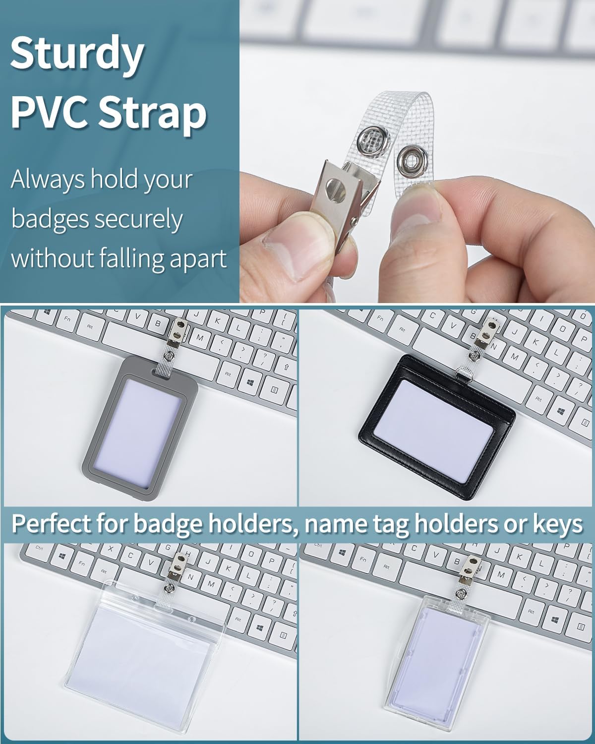 50 Pcs Metal Badge Clips with Grid Surface PVC Straps Double-Hole ID Badge Clips and Straps with Snap Heavy-Duty ID Strap Clips for Badge Name Tag for ID Card Holders - Image 3