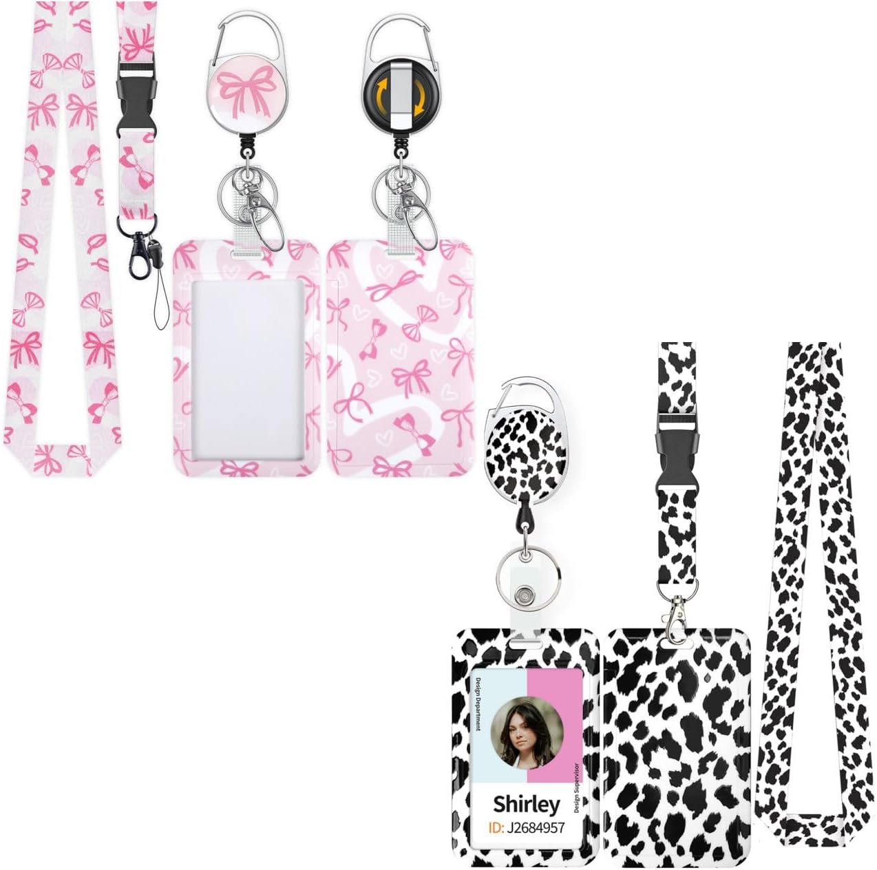 Fashionable Sliding Badge Holder Bowknot Pattern & Leopard Print Plastic Card Holder with Retractable Badge Reel Carabiner & Detachable Lanyard Vertical Card Protector - Image 1