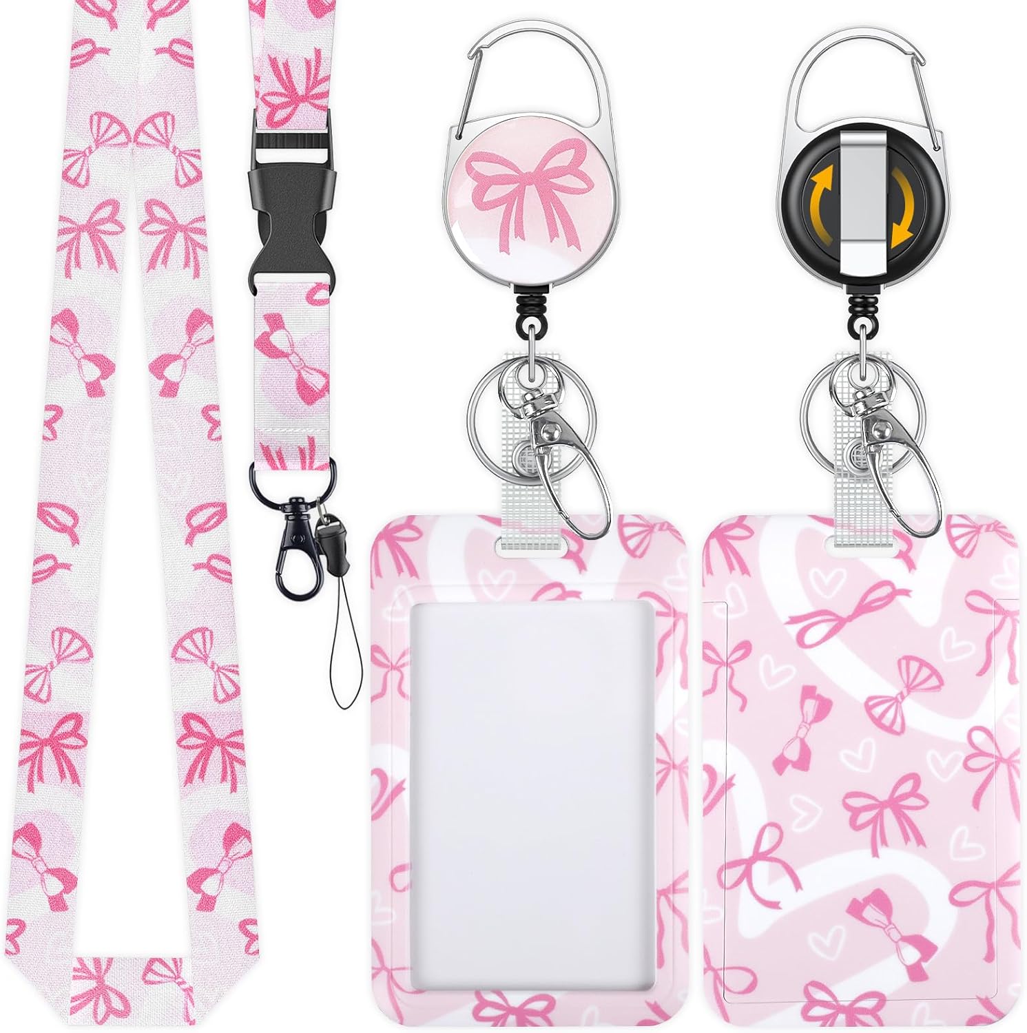 Fashionable Sliding Badge Holder Bowknot Pattern & Leopard Print Plastic Card Holder with Retractable Badge Reel Carabiner & Detachable Lanyard Vertical Card Protector - Image 2