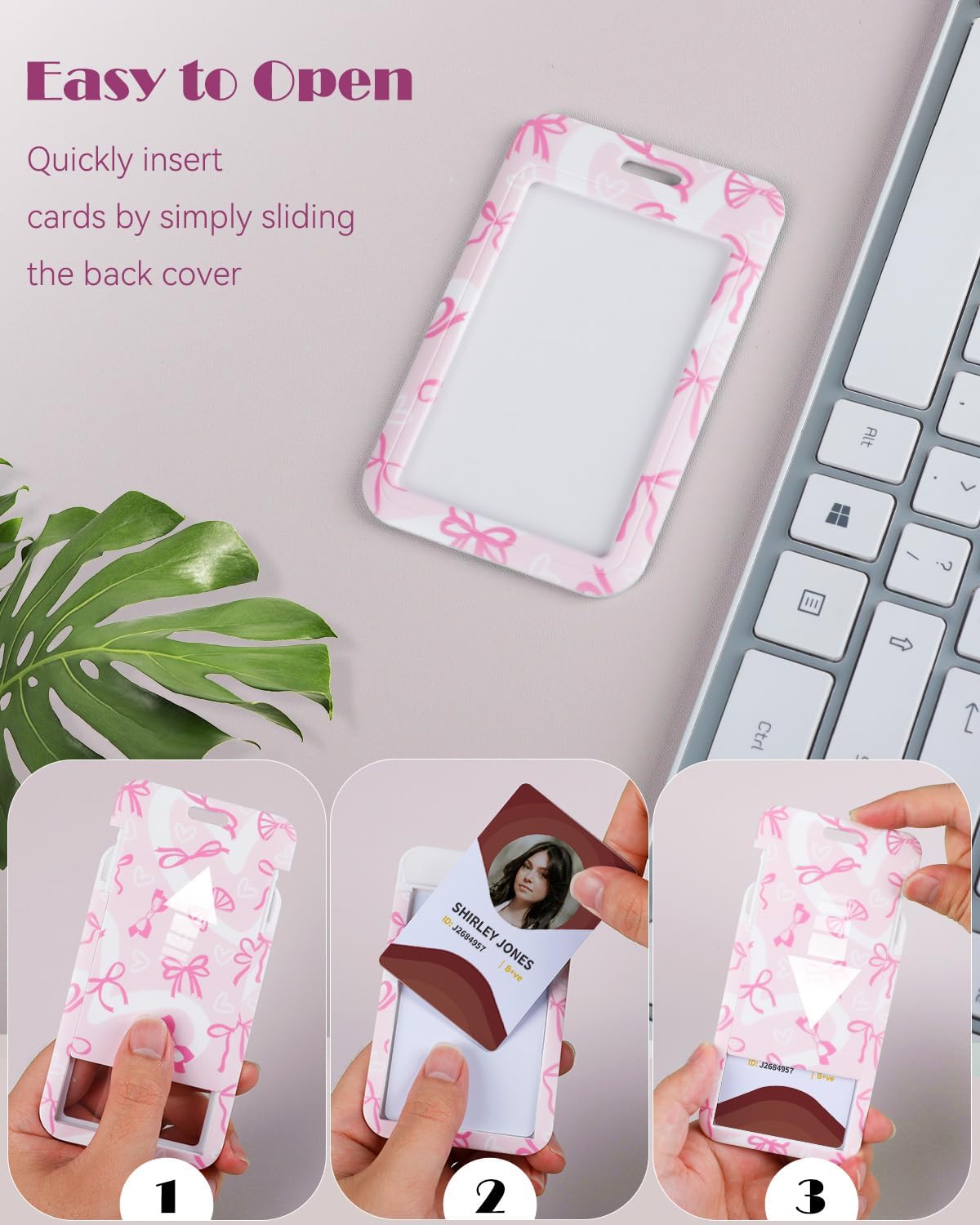 Fashionable Sliding Badge Holder Bowknot Pattern & Leopard Print Plastic Card Holder with Retractable Badge Reel Carabiner & Detachable Lanyard Vertical Card Protector - Image 4
