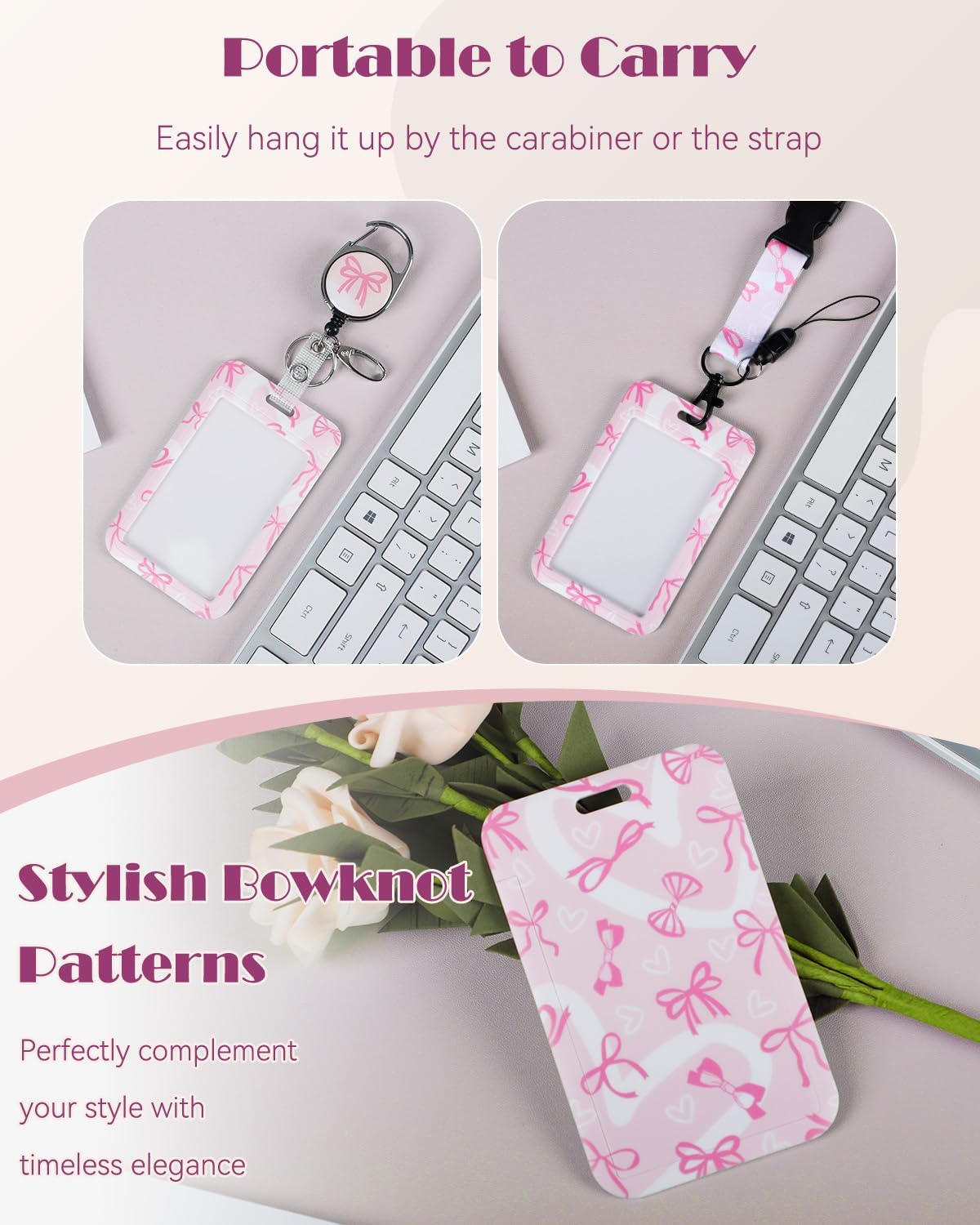Fashionable Sliding Badge Holder Bowknot Pattern & Leopard Print Plastic Card Holder with Retractable Badge Reel Carabiner & Detachable Lanyard Vertical Card Protector - Image 6