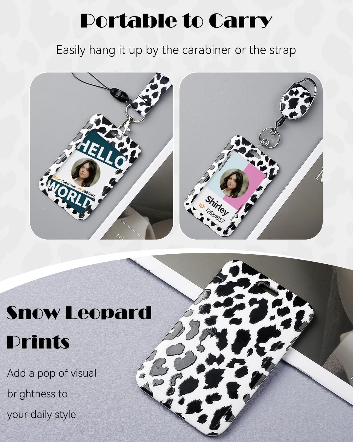 Fashionable Sliding Badge Holder Bowknot Pattern & Leopard Print Plastic Card Holder with Retractable Badge Reel Carabiner & Detachable Lanyard Vertical Card Protector - Image 7