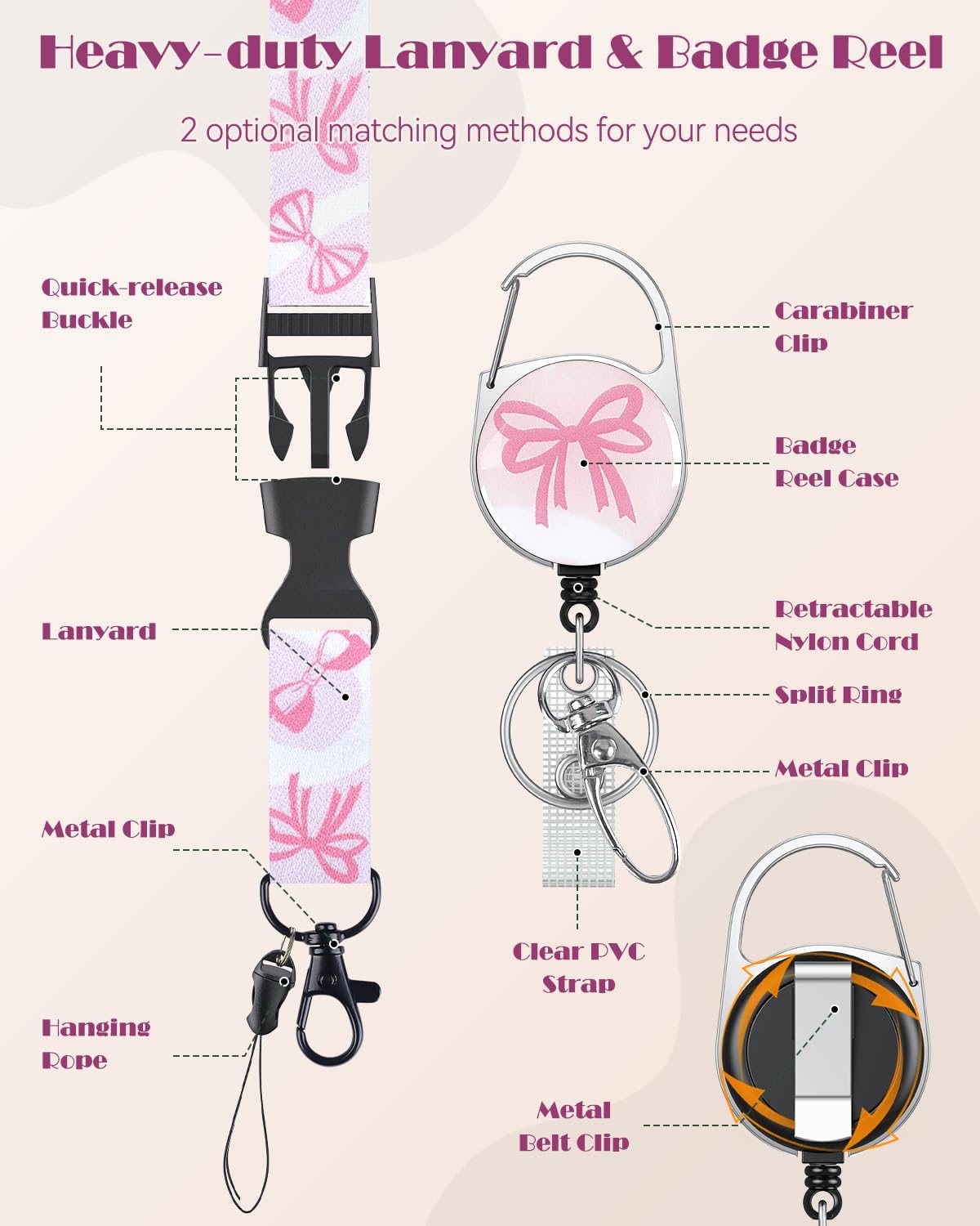 Fashionable Sliding Badge Holder Bowknot Pattern & Leopard Print Plastic Card Holder with Retractable Badge Reel Carabiner & Detachable Lanyard Vertical Card Protector - Image 8