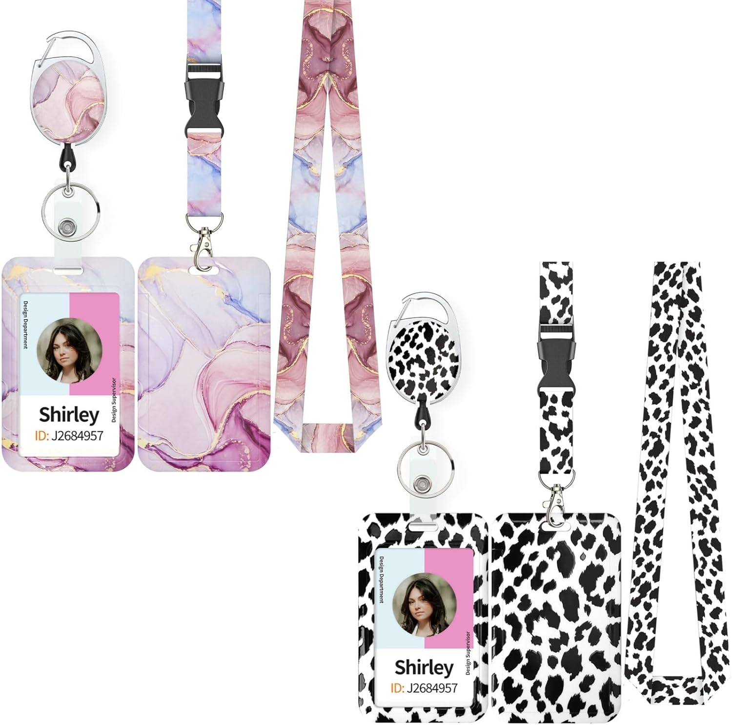 Pink Marble Pattern & Snow Leopard Print Plastic Card Holder with Retractable Badge Reel Carabiner Detachable Lanyard Vertical Card Protector for Office Worker Student - Image 1