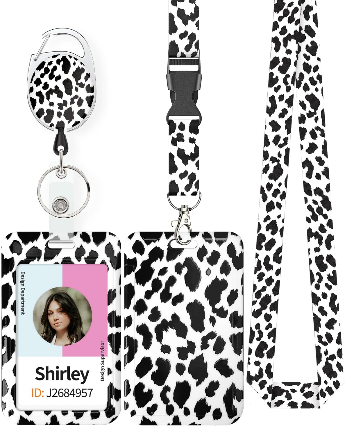 Pink Marble Pattern & Snow Leopard Print Plastic Card Holder with Retractable Badge Reel Carabiner Detachable Lanyard Vertical Card Protector for Office Worker Student - Image 3
