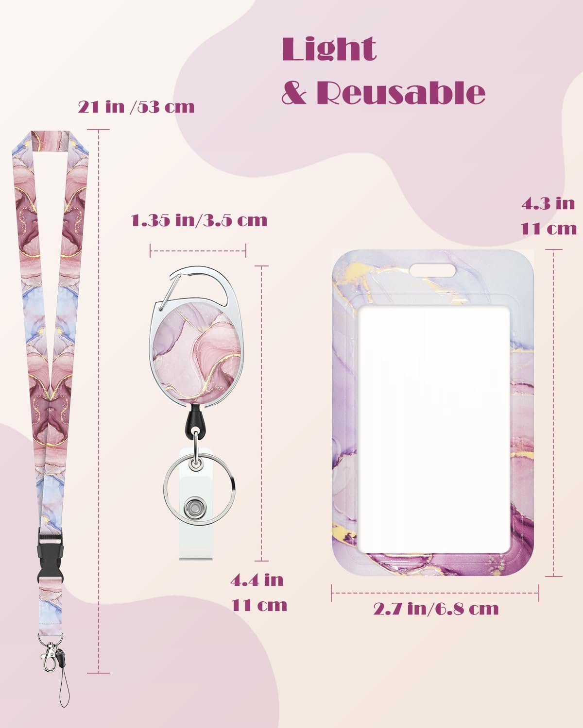 Pink Marble Pattern & Snow Leopard Print Plastic Card Holder with Retractable Badge Reel Carabiner Detachable Lanyard Vertical Card Protector for Office Worker Student - Image 6