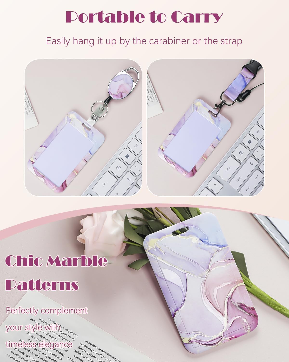 Pink Marble Pattern & Snow Leopard Print Plastic Card Holder with Retractable Badge Reel Carabiner Detachable Lanyard Vertical Card Protector for Office Worker Student - Image 8