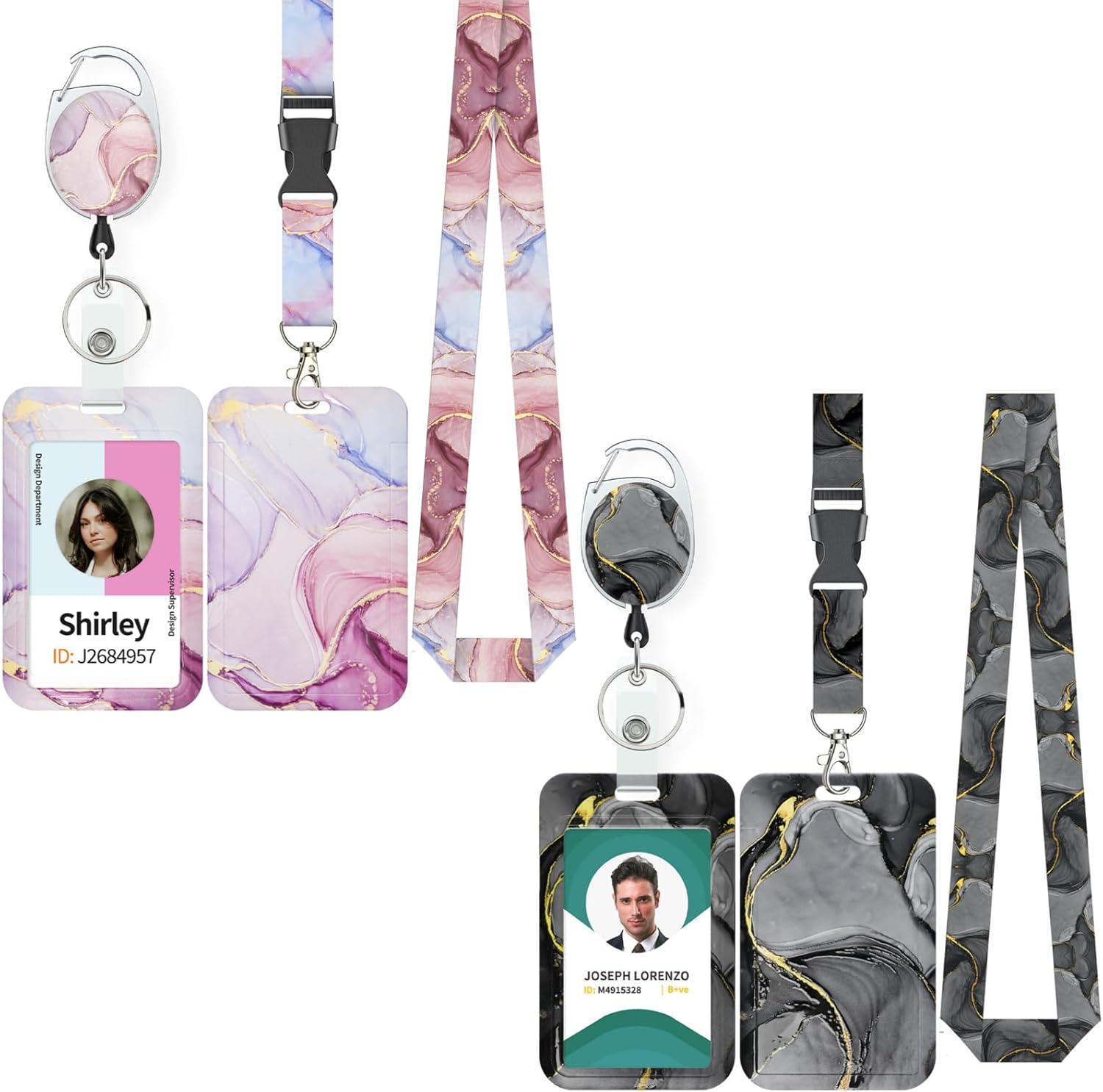 Marbling Sliding Badge Holder Pink & Black Marble Pattern Plastic Card Holder with Retractable Badge Reel Carabiner Detachable Lanyard Vertical Card Protector for Office Worker Student - Image 1