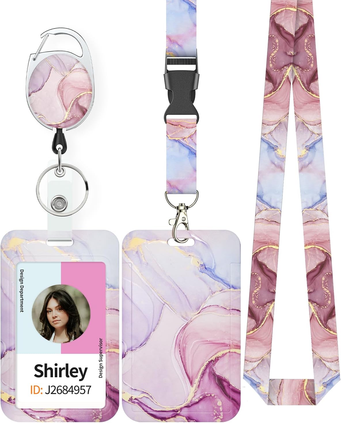Marbling Sliding Badge Holder Pink & Black Marble Pattern Plastic Card Holder with Retractable Badge Reel Carabiner Detachable Lanyard Vertical Card Protector for Office Worker Student - Image 2