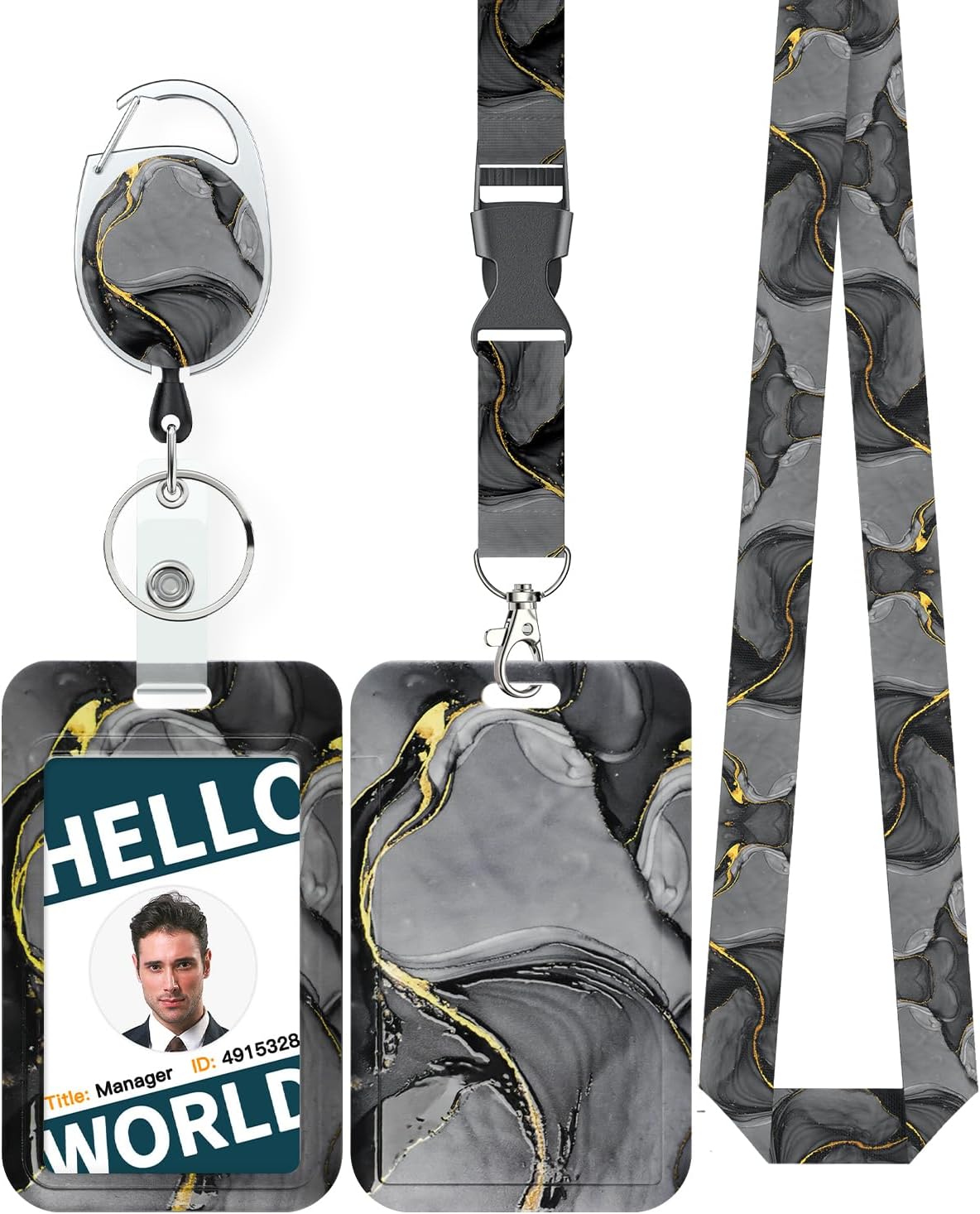 Marbling Sliding Badge Holder Pink & Black Marble Pattern Plastic Card Holder with Retractable Badge Reel Carabiner Detachable Lanyard Vertical Card Protector for Office Worker Student - Image 3