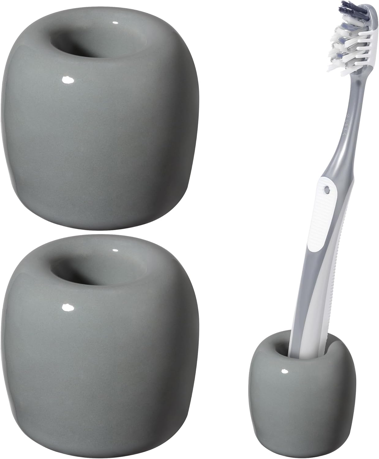 Ceramic Toothbrush Holders for Bathrooms, Sleek Tooth Brush Holder Toothbrush Stand Tooth Brushing Holder, Portable Bathroom Accessories Organizer, Grey, 2 Pack - Image 1
