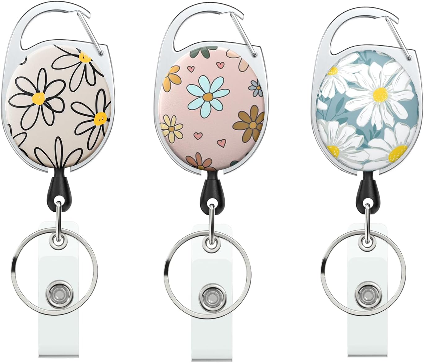 3 Pack Floral Retractable Badge Reel for Badge Holder Flower Heavy Duty Retractable Keychain Strong ABS Casing with Stainless Steel Spring Coil 24 Inch Nylon Rope Carabiner Clip and Key Ring - Image 1