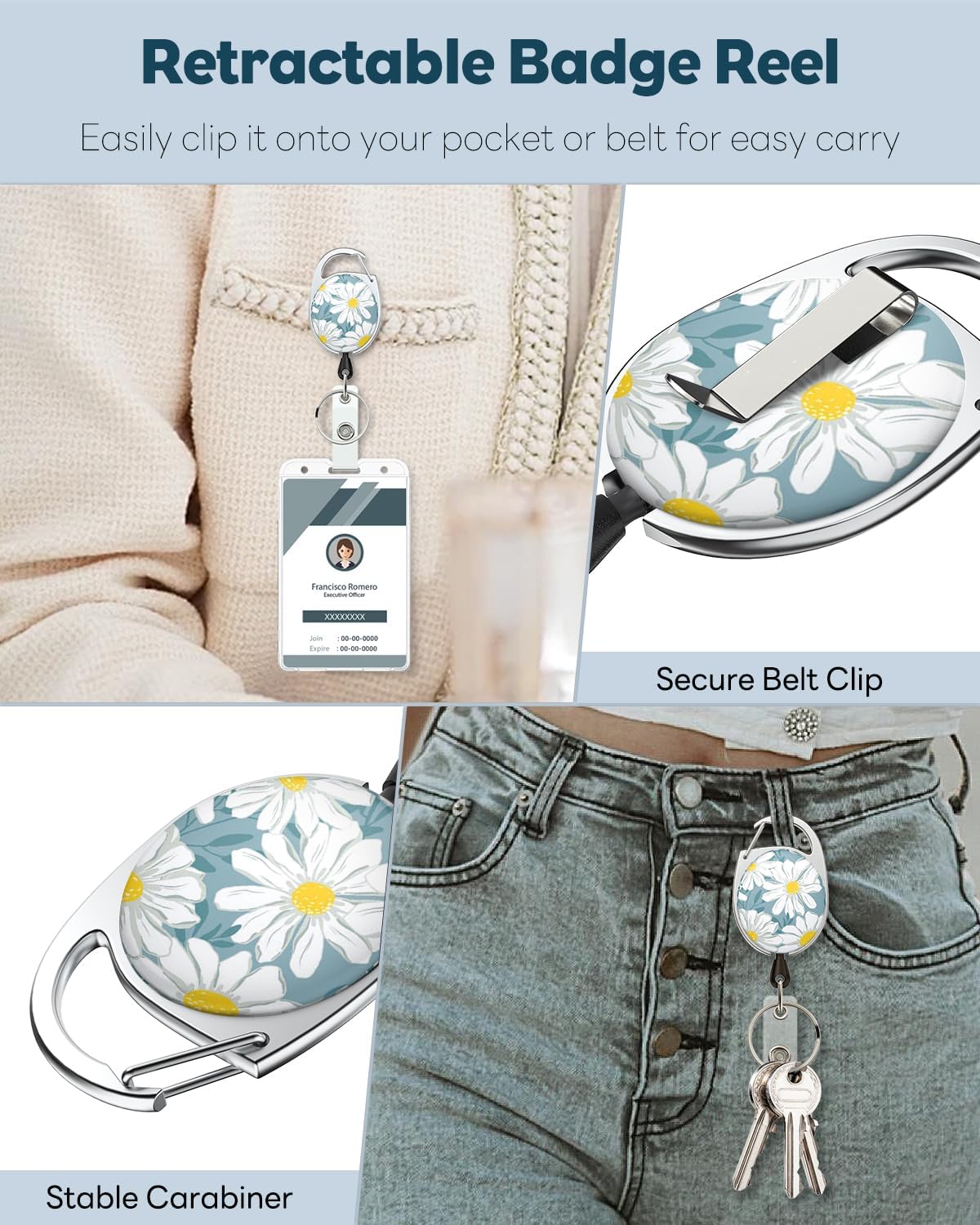 3 Pack Floral Retractable Badge Reel for Badge Holder Flower Heavy Duty Retractable Keychain Strong ABS Casing with Stainless Steel Spring Coil 24 Inch Nylon Rope Carabiner Clip and Key Ring - Image 7