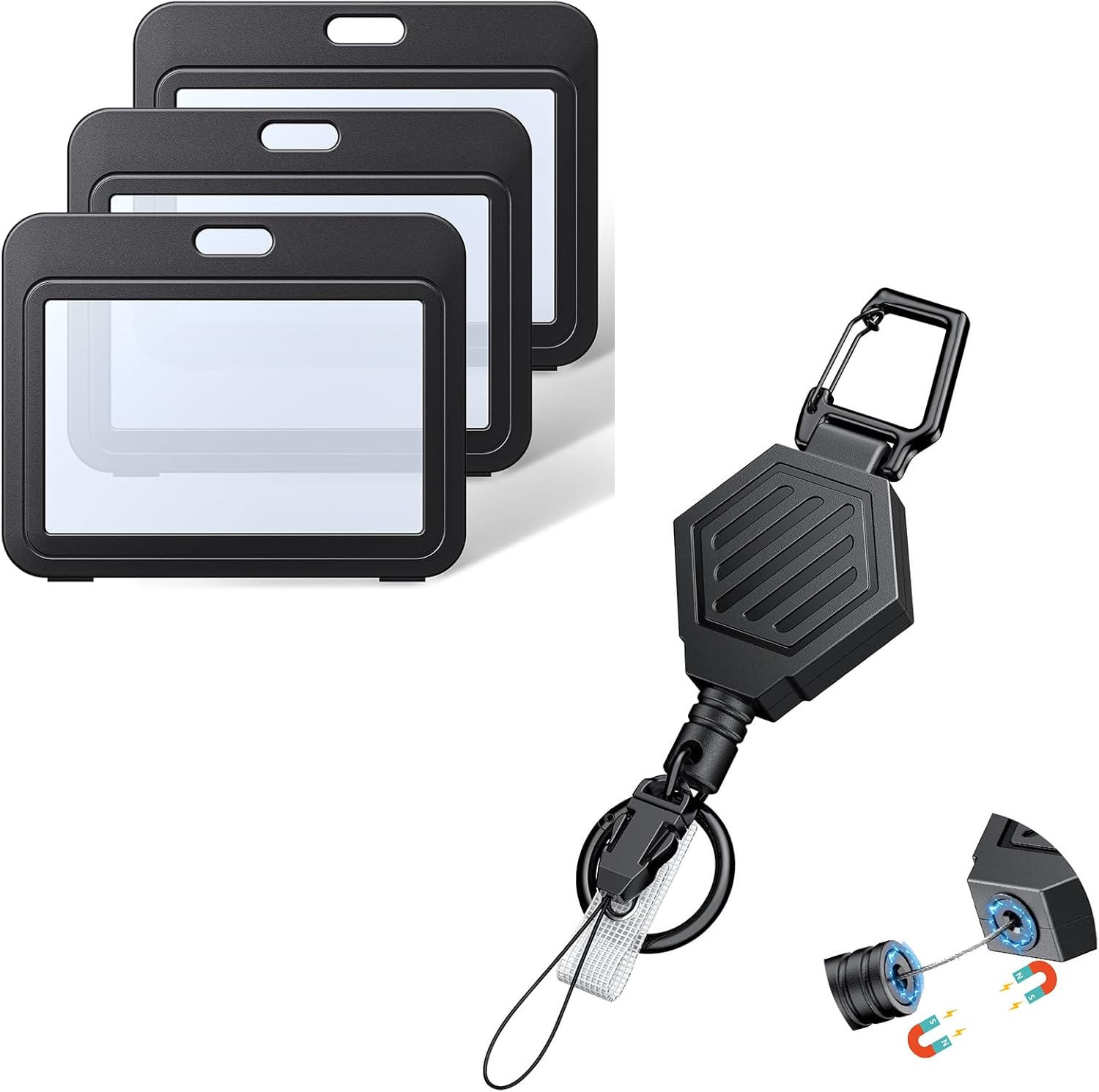 Heavy Duty Retractable Keychain with Magnetic Closure Retractable Badge Reel with3 Pack ID Badge Holder with Double-Sided Windows Horizontal Hard Plastic Case - Image 1
