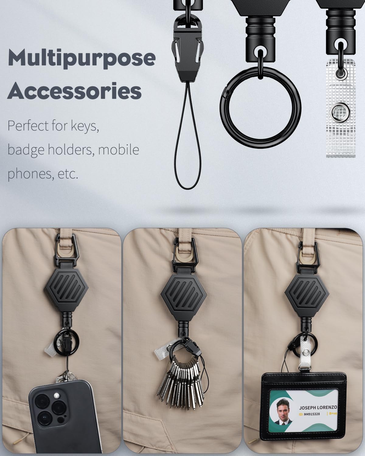 Heavy Duty Retractable Keychain with Magnetic Closure Retractable Badge Reel with3 Pack ID Badge Holder with Double-Sided Windows Horizontal Hard Plastic Case - Image 5
