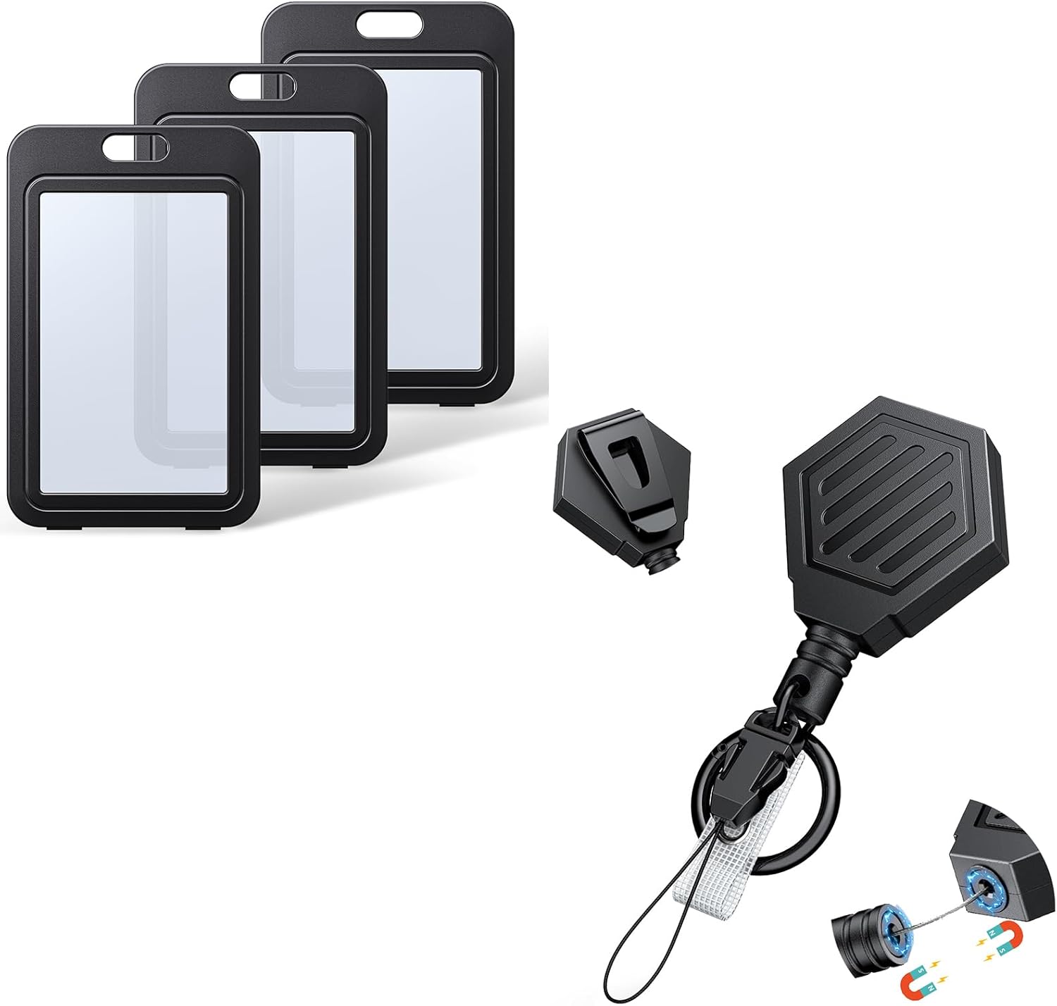 Heavy Duty Retractable Keychain with Magnetic Closure Retractable Badge Reel for up to 16 oz with 3 Pack ID Badge Holder with Double-Sided Windows Vertical Hard Plastic Case - Image 1