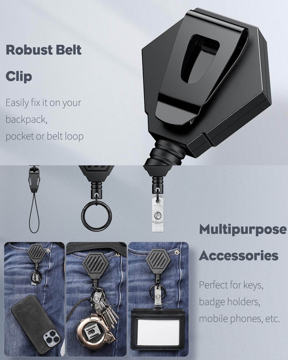Heavy Duty Retractable Keychain with Magnetic Closure Retractable Badge Reel for up to 16 oz with 3 Pack ID Badge Holder with Double-Sided Windows Vertical Hard Plastic Case - Image 2