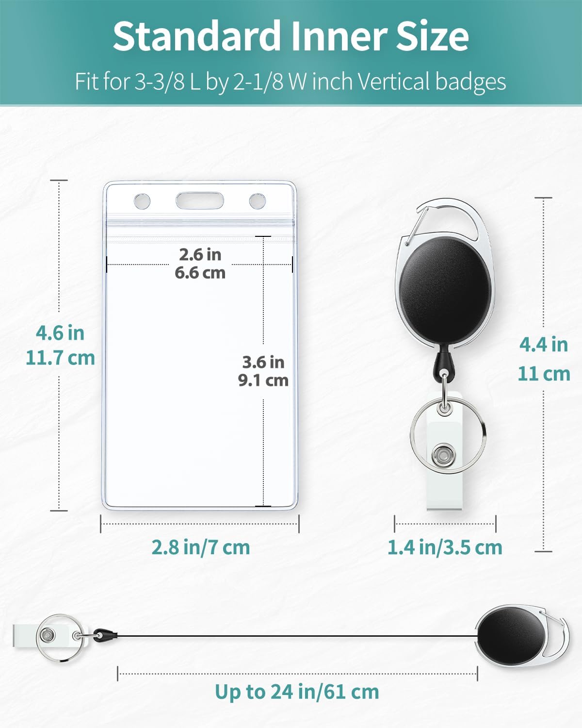 Badge Holder Vertical Clear Plastic Case with Retractable Badge Reel Carabiner Clip with Swivel Alligator Clip Soft Waterproof Card Protector - Image 3