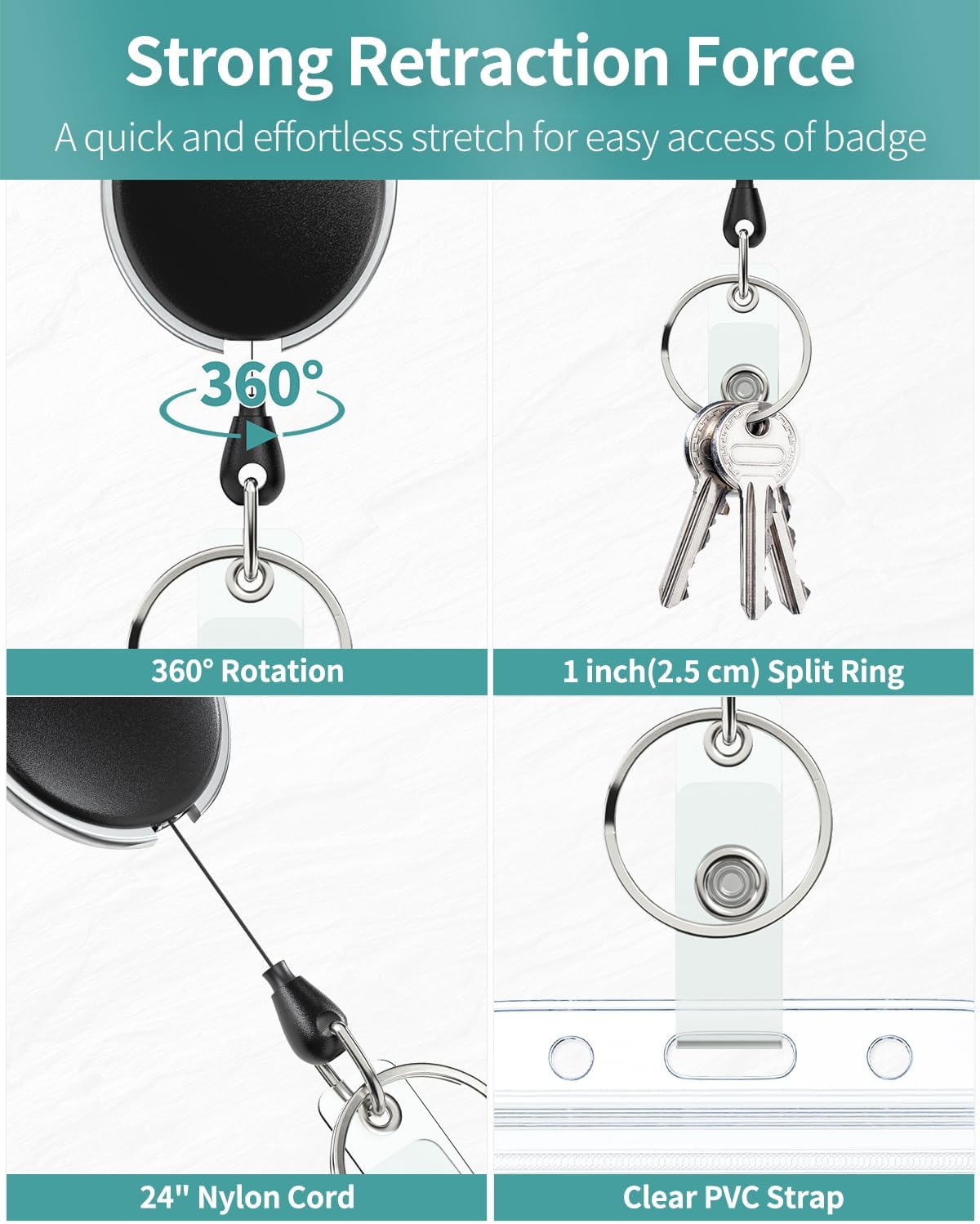Badge Holder Vertical Clear Plastic Case with Retractable Badge Reel Carabiner Clip with Swivel Alligator Clip Soft Waterproof Card Protector - Image 5