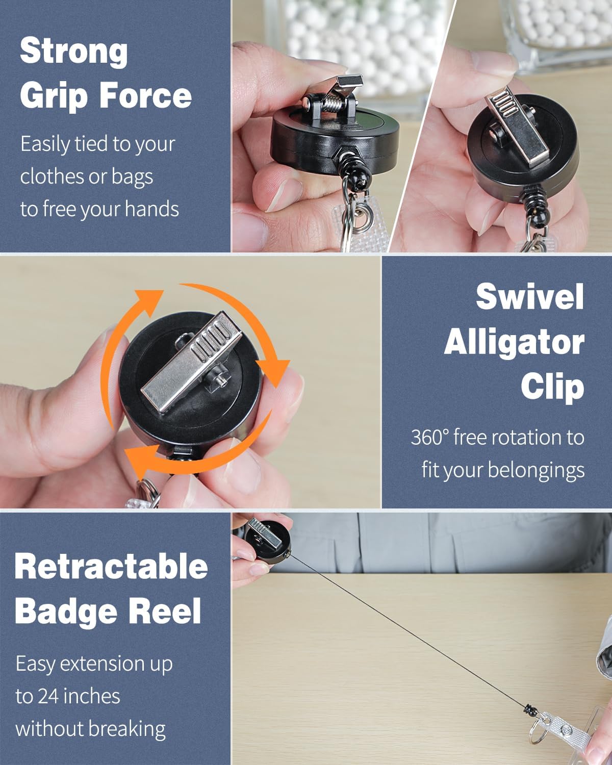 Badge Holder Vertical Clear Plastic Case with Retractable Badge Reel Carabiner Clip with Swivel Alligator Clip Soft Waterproof Card Protector - Image 7
