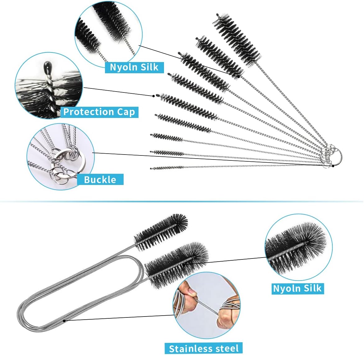 10PCS Flexible Drain Brush Straw Cleaner Brush Set,Pipe Cleaners Brush,61Inch Stainless Steel Double-Ended Hose Brush 8.2Inch Nylon Long CPAP Tube Cleaning Brush for Home Kitchen Sink Plumbing - Image 4