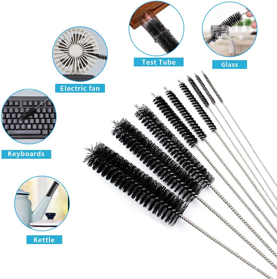 10PCS Flexible Drain Brush Straw Cleaner Brush Set,Pipe Cleaners Brush,61Inch Stainless Steel Double-Ended Hose Brush 8.2Inch Nylon Long CPAP Tube Cleaning Brush for Home Kitchen Sink Plumbing - Image 6