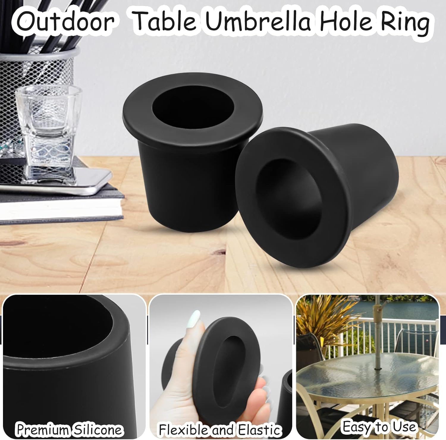 2Pcs Patio Table Umbrella Hole Ring Plug, Silicone Pool Sleeve Stabilizer Cone Wedge, Table Insert for 2-2.5 Inch Hole or 1.5 Inch Adapter (Black) - Image 2