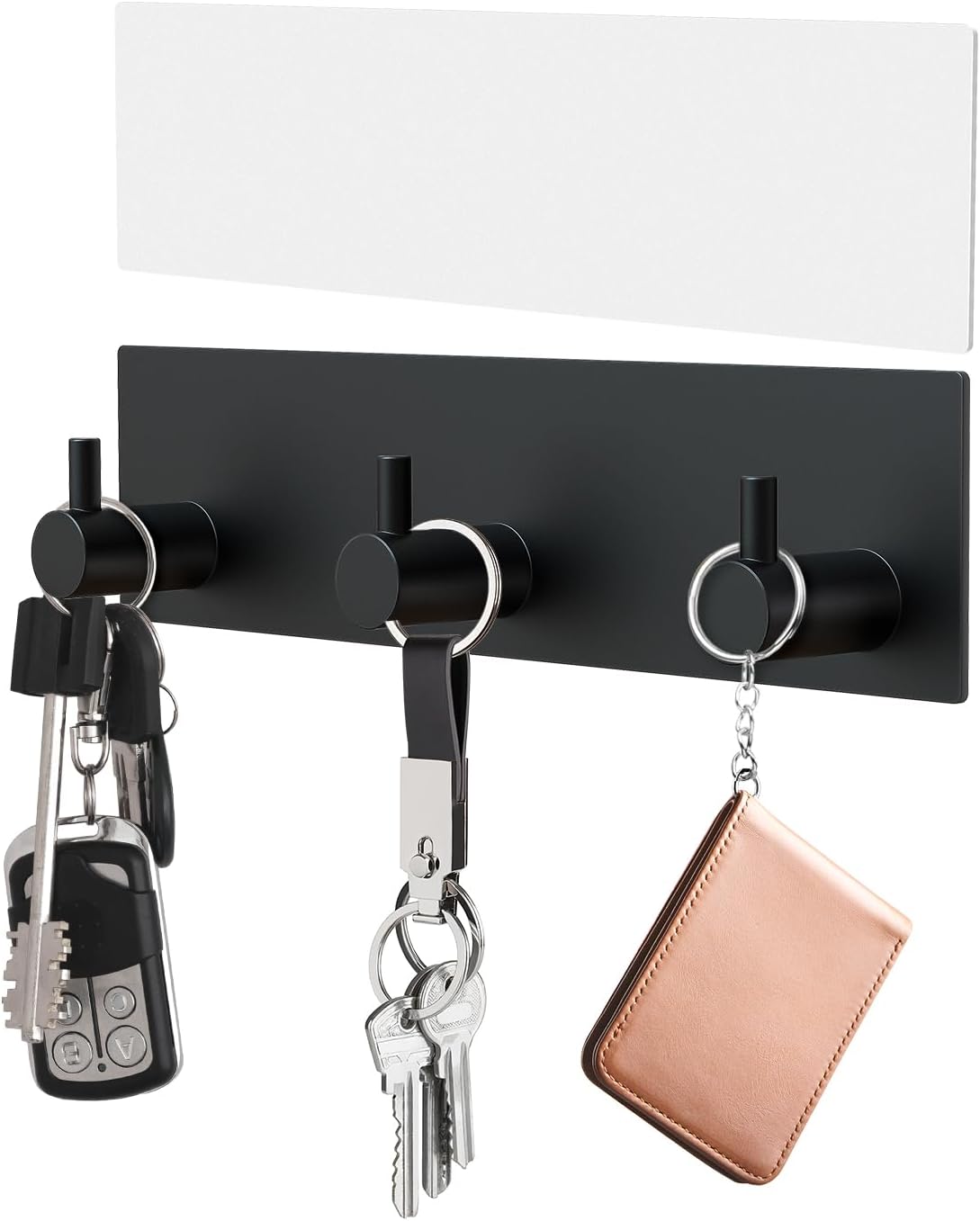 Key Holder Wall Mount, Small Metal Self Adhesive Key Hanger with 3 Hooks, No Drilling, Extra Adhesive Strip, Black - Image 1