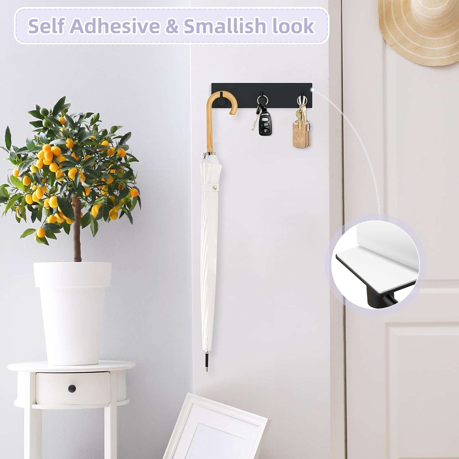 Key Holder Wall Mount, Small Metal Self Adhesive Key Hanger with 3 Hooks, No Drilling, Extra Adhesive Strip, Black - Image 2